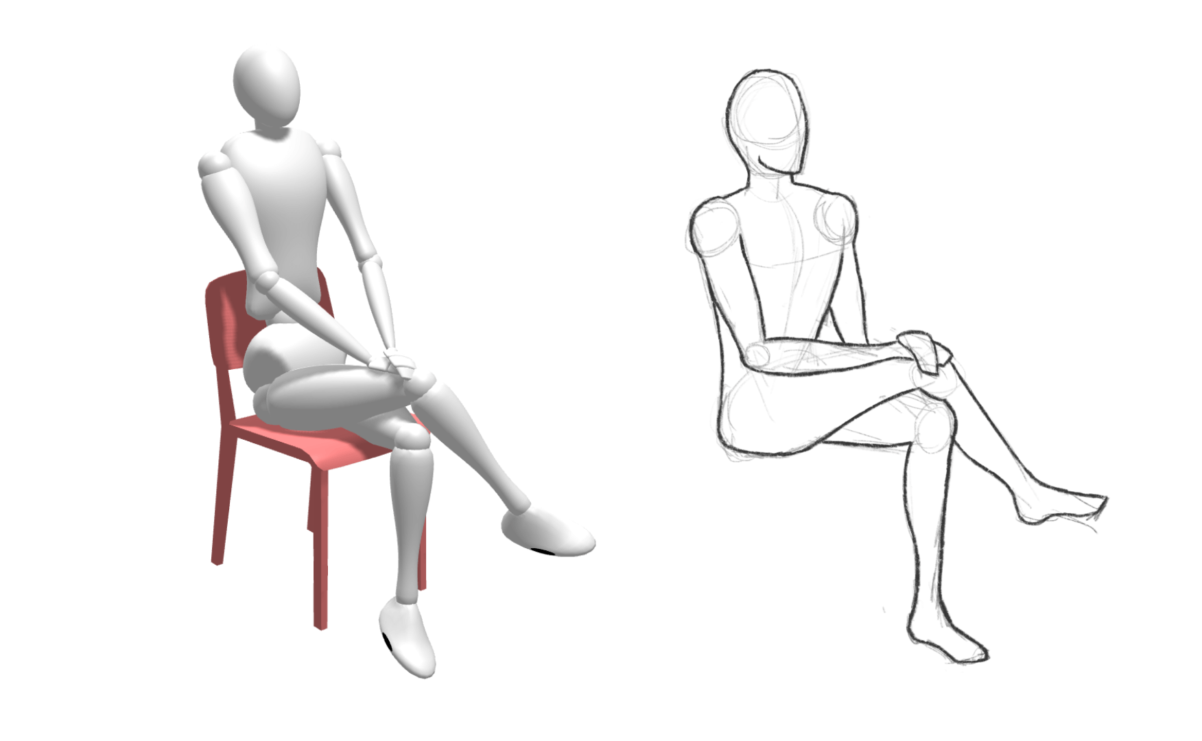 Reference pose model sitting on a red chair